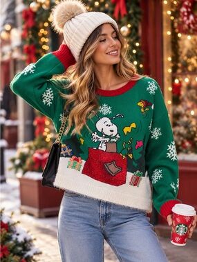 Peanuts Snoopy Woodstock Christmas Sweater Juniors XL Doghouse Holiday